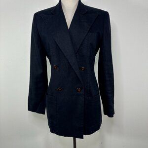 Vtg Ralph Lauren Women's Sz 4 Navy Blue 100% Linen Blazer Jacket Double Breasted